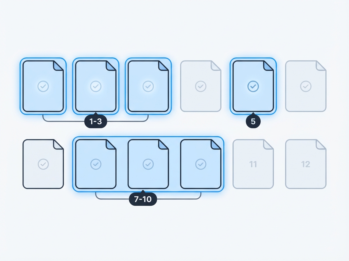 Selecting page ranges such as one to three and seven from a document