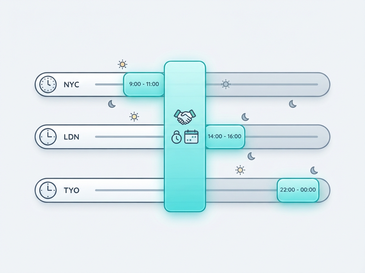 Several city timelines aligned around a shared meeting time